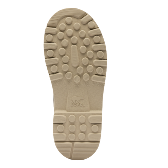 The outsole of a tan boot or shoe, showing a textured tread pattern and a molded 'sorel' logo near the heel, isolated on a white background.