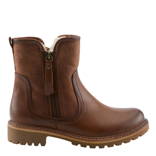 A brown leather ankle boot with a side zipper, elastic side gore, and a chunky lug sole, shown from a side profile on a white background.