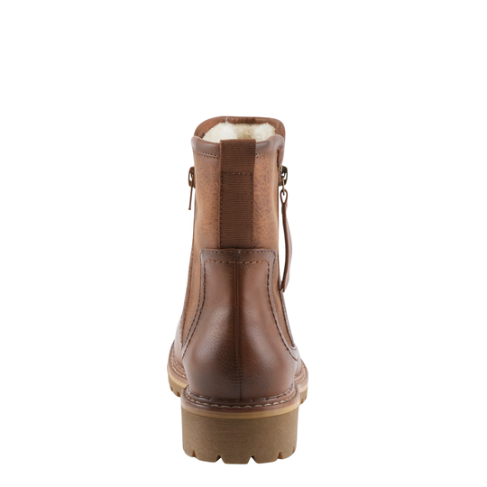 A brown leather ankle boot with a side zipper, shown from a rear three-quarter view against a plain white background.