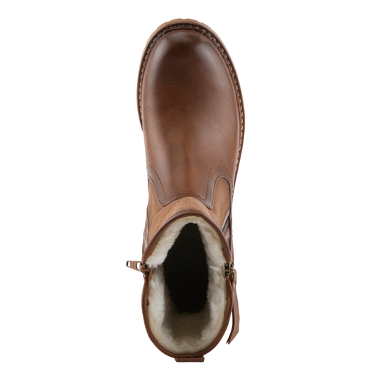 A single brown leather ankle boot with a soft white shearling lining, shown from a top-down view on a solid white background.