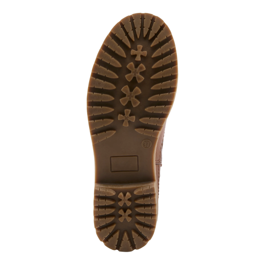 The outsole of a brown boot, showing a textured tread pattern with cross-shaped grooves, isolated on a white background.