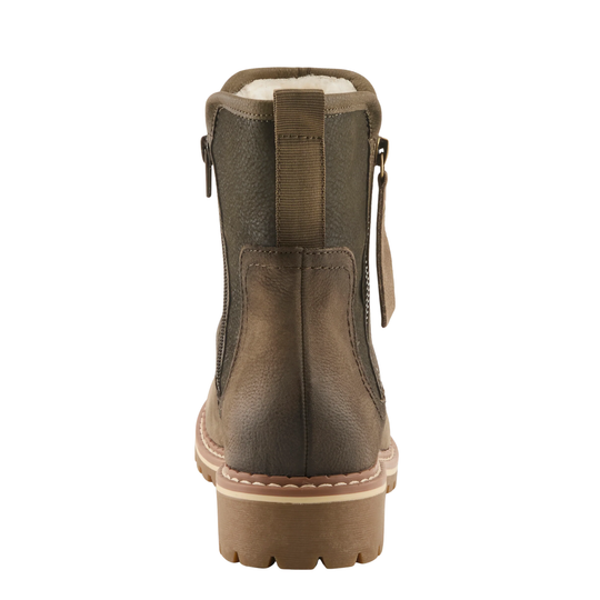 A single olive leather ankle boot shown from the back, featuring a side zipper, a pull tab, and a thick brown sole with a light beige welt line, set against a plain white background.