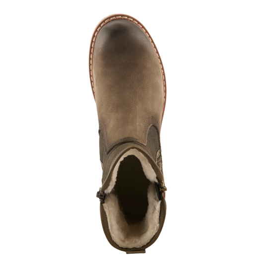olive ankle boot with fur lining on a white background