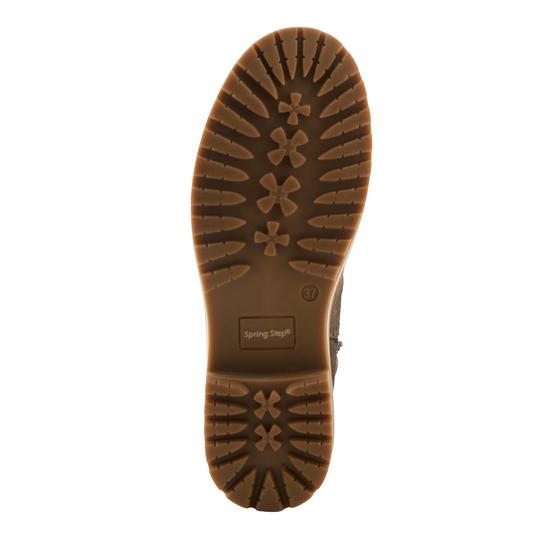 The olive rubber outsole of a boot, showing the 'Spring Step' brand mark and deep tread patterns, isolated on a white background.