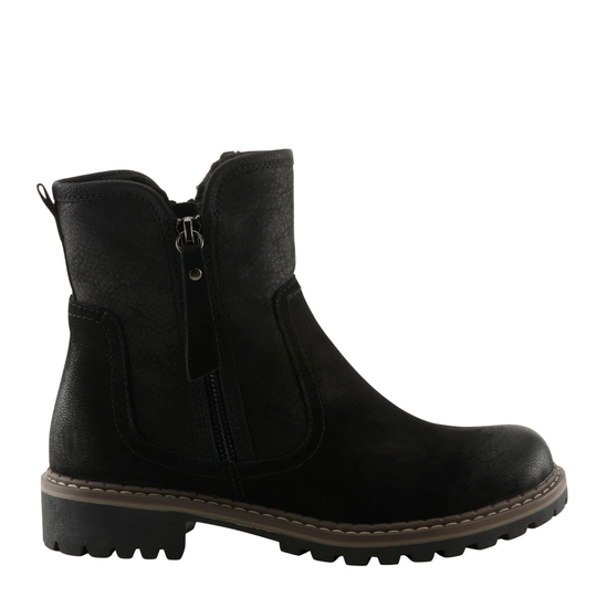 A black leather ankle boot with a side zipper, elastic side panels, and a rugged lug sole, shown from a side profile on a white background.