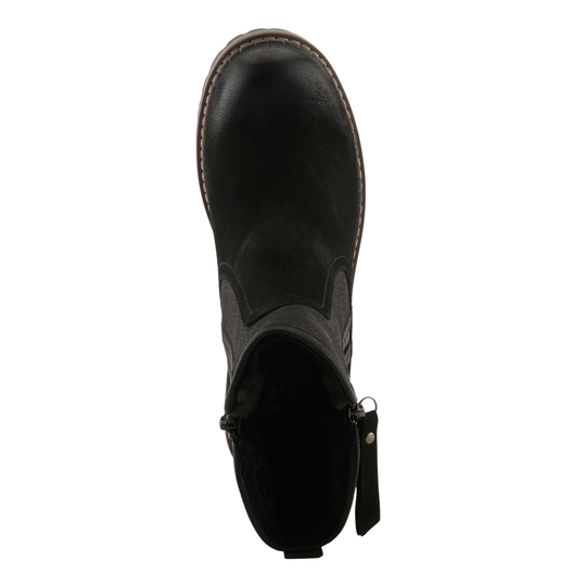 Black ankle boot with a zipper on a white background