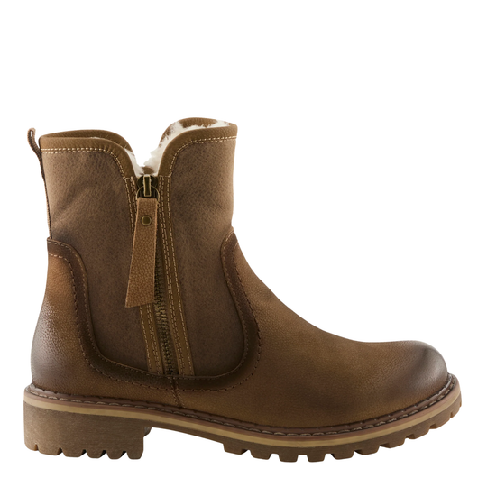 A brown leather ankle boot with a side zipper, elastic side gore, and a low chunky lug sole, shown from a side profile on a white background.