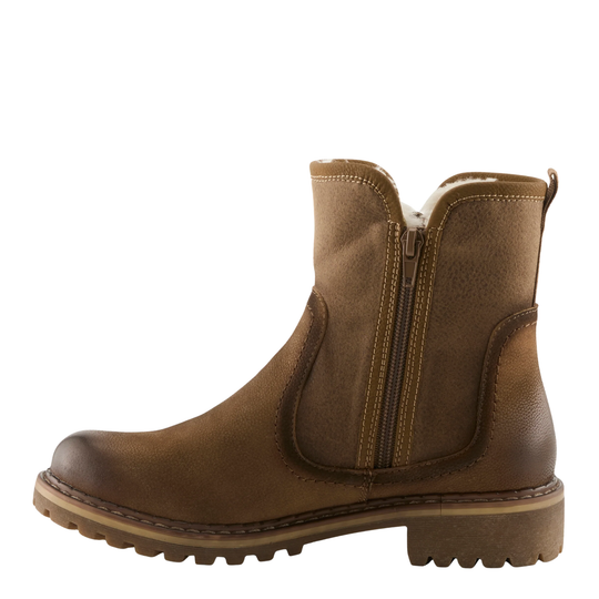 A brown leather ankle boot with a side zipper, elastic side gore, and a rugged lug sole, shown from a side profile view on a white background.