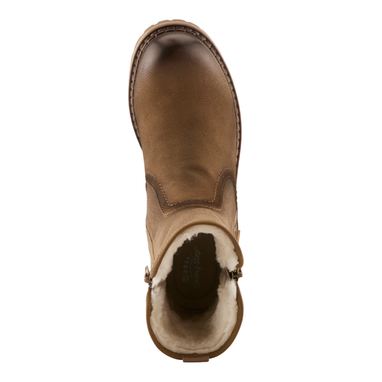 A single brown leather ankle boot with a soft cream shearling lining, shown from a top-down view on a solid white background.