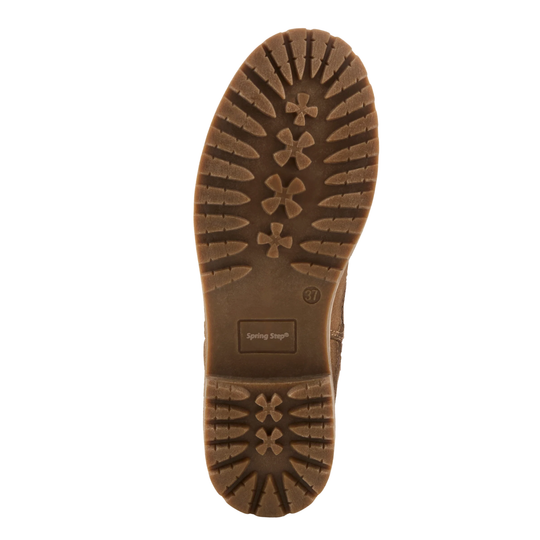 The outsole of a brown boot, showing a detailed tread pattern and a small 'springstep' brand label near the heel, isolated on a white background.