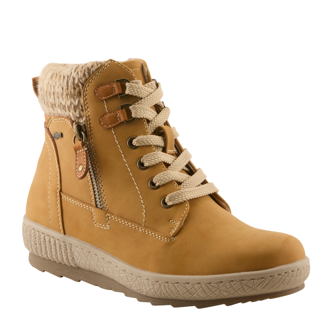 A tan ankle boot with a knit collar, beige laces, a side zipper, and a textured sole, shown on a plain white background.