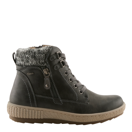 A dark gray ankle boot with a textured knit gray and white cuff, side zipper, and laces, shown against a plain white background.