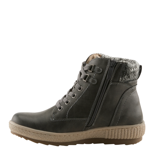 A dark gray ankle boot with a textured knit gray and white cuff, side zipper, and laces, shown against a plain white background.