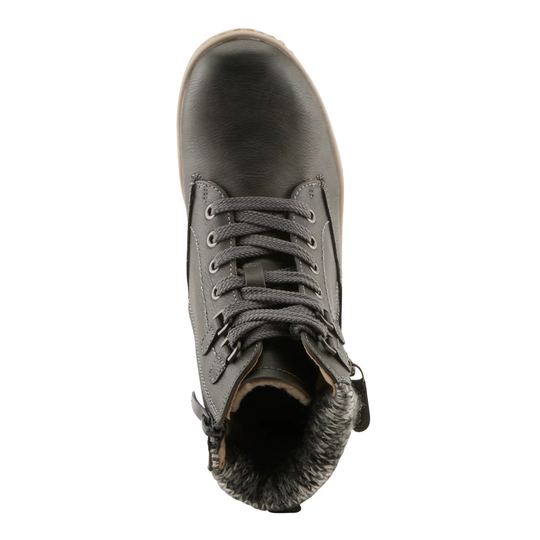 A single dark gray leather lace-up ankle boot with a fuzzy gray lining, shown from a top-down view on a plain white background.