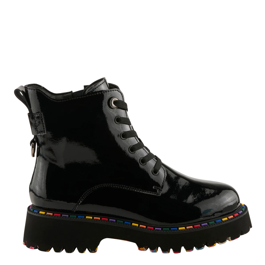A glossy black patent leather lace-up ankle boot with a chunky lug sole and a colorful rainbow stripe detail along the edge of the sole, shown against a plain white background.