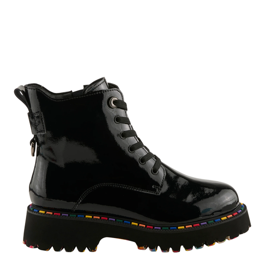 A glossy black patent leather lace-up ankle boot with a chunky lug sole and a colorful rainbow stripe detail along the edge of the sole, shown against a plain white background.