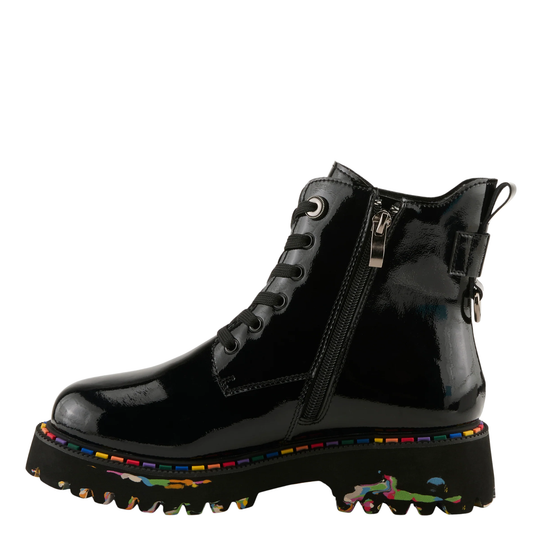 A glossy black patent leather lace-up ankle boot with a side zipper, chunky lug sole, and colorful painted details along the outsole.