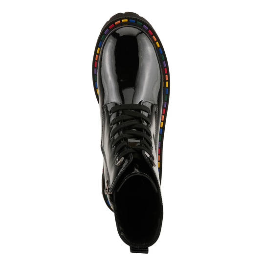 A single black patent leather lace-up ankle boot shown from a top-down view on a plain white background.
