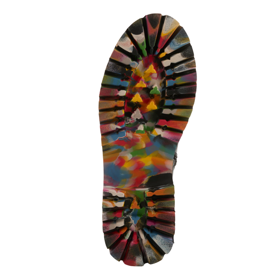 A colorful, abstractly patterned shoe sole shown from a top-down view on a solid white background.