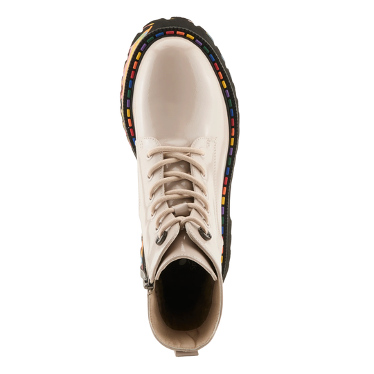 A single off-white leather lace-up boot shown from a top-down view on a solid white background, featuring a black sole with a colorful rainbow stripe detail along the edge.