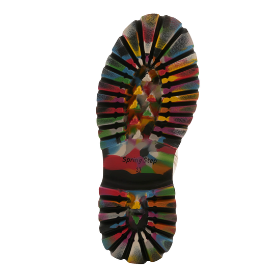 A single shoe sole shown from the bottom against a plain white background, featuring a black base with a vibrant, multicolored radial pattern of small colored squares. The text 'Spring Step ' is printed in black on the center section.