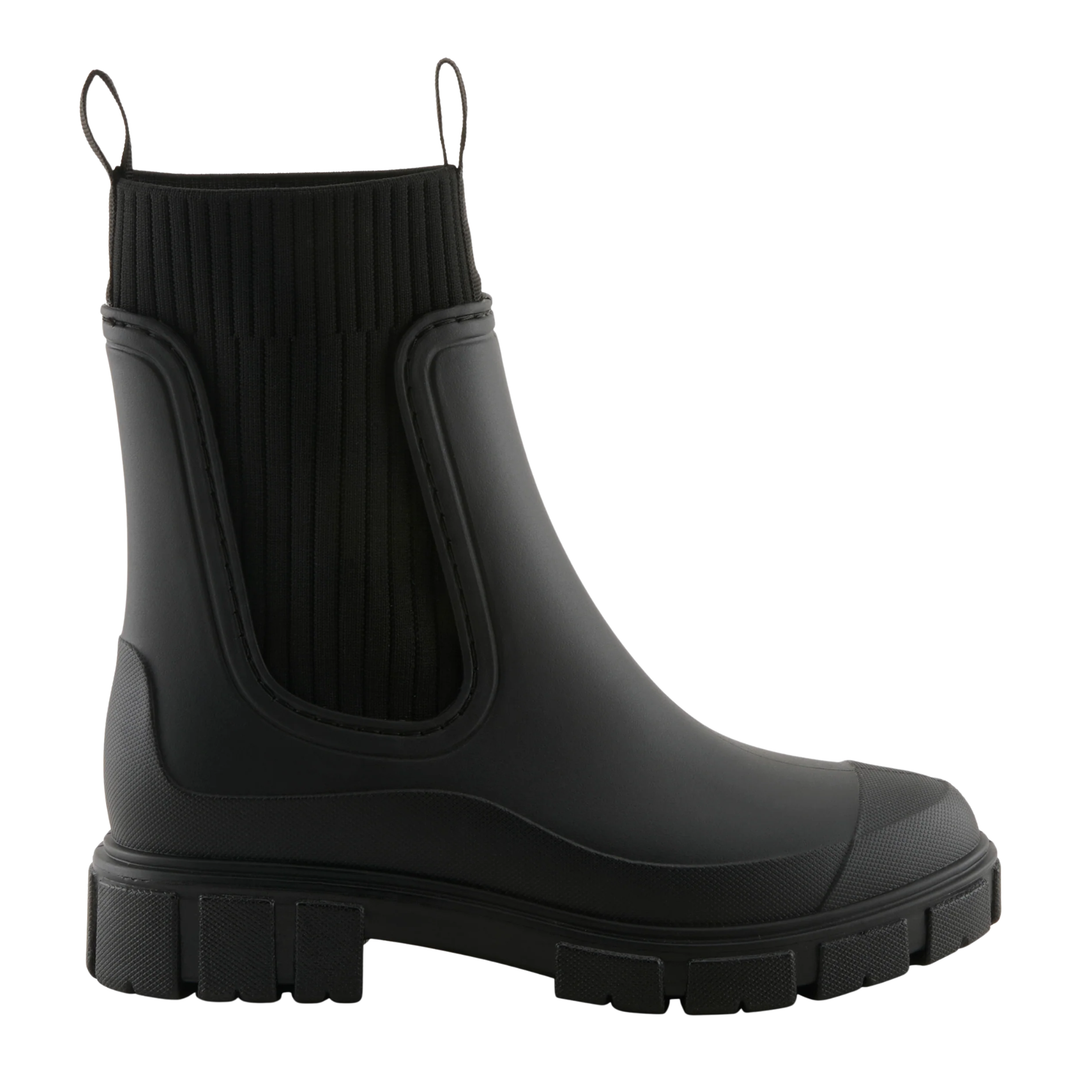 A single black rubber rain boot with a ribbed elastic side panel and pull loops at the top, shown in a side profile on a white background.