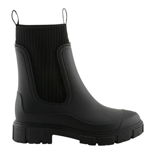 A single black rubber rain boot with a ribbed elastic side panel and pull loops at the top, shown in a side profile on a white background.