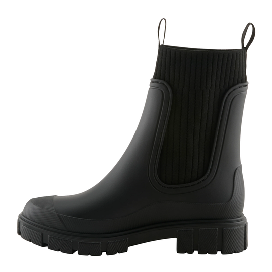 A single black rubber rain boot with a ribbed elastic side panel and pull tabs at the top, shown from a side profile on a white background.