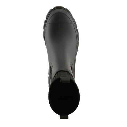 A single black rubber rain boot shown from a top-down view against a plain white background.