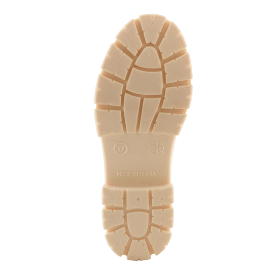 Beige sole of a shoe with brand name on a white background