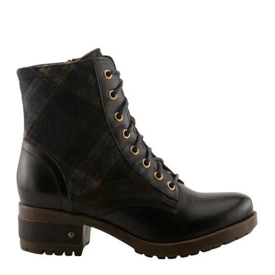 Black leather boot with plaid pattern on a white background