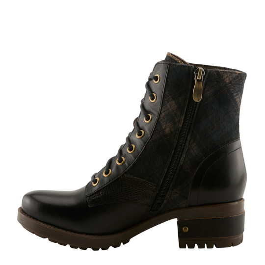 Black leather boot with plaid pattern on a white background