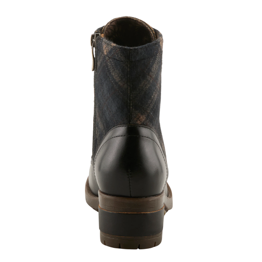 A single black leather ankle boot with a textured dark blue and brown patterned shaft, shown from a rear three-quarter view against a plain white background.
