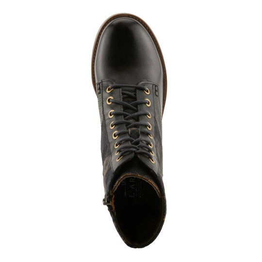 A single black leather lace-up boot shown from a top-down view against a plain white background.