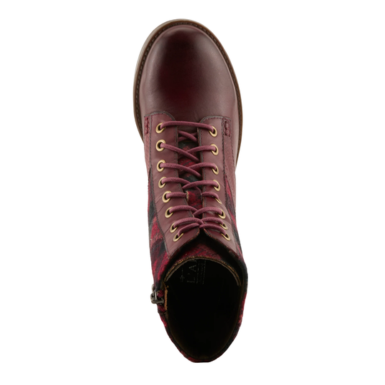 A single lace-up ankle boot shown from a top-down view on a plain white background. The boot is primarily burgundy leather with a red and black plaid pattern on the sides, matching burgundy laces, and gold-tone eyelets.