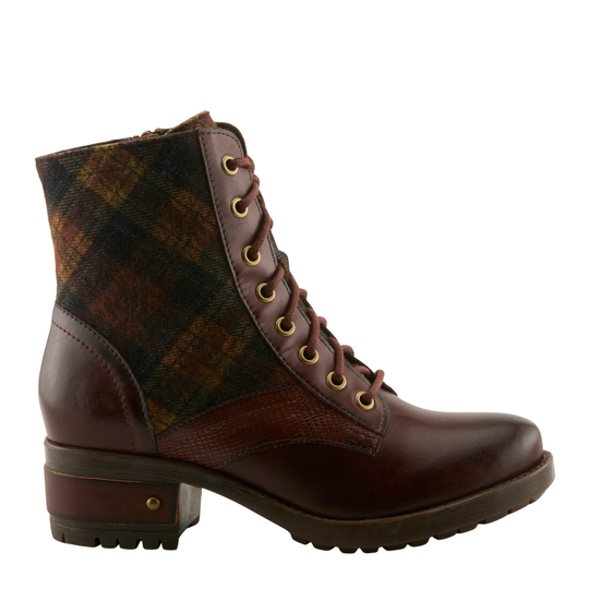 A lace-up ankle boot with a dark brown leather body, a textured brown heel, and a plaid patterned fabric collar in brown, green, and black tones.