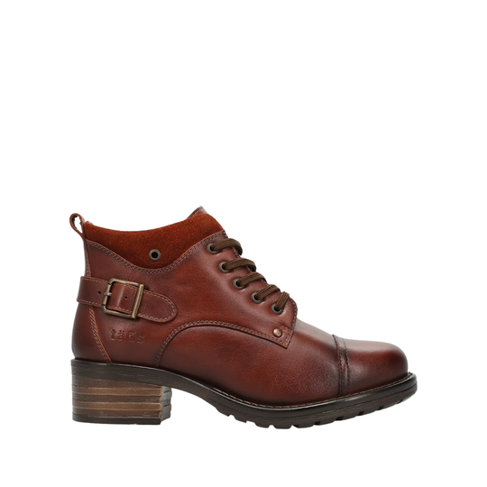 A brown leather ankle boot with a stacked wood-look heel, lace-up front, and a side buckle strap, shown from a side profile on a white background.
