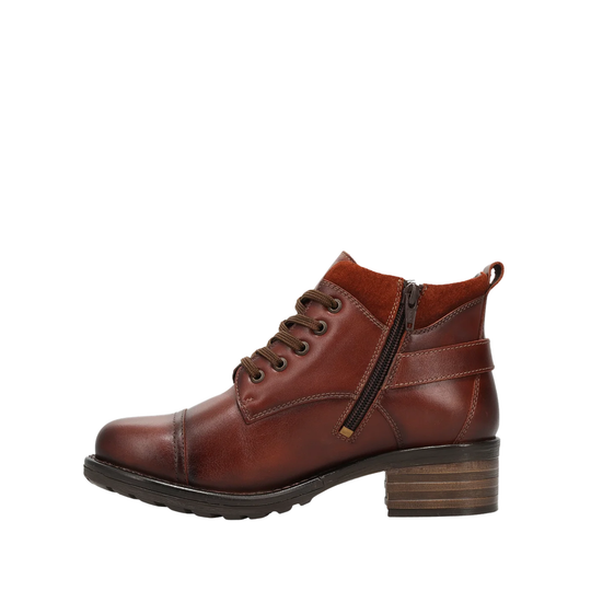 A brown leather lace-up ankle boot with a side zipper, a stacked wood-look heel, and a black sole, shown from a side profile on a white background.
