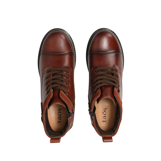 pair of brown leather lace-up ankle boots with a side zipper, a stacked wood-look heel, and a black sole, shown from a top profile on a white background.