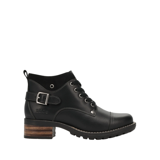 A black leather lace-up ankle boot with a side buckle strap, stacked wood-look heel, and black sole, shown from a side profile on a white background.