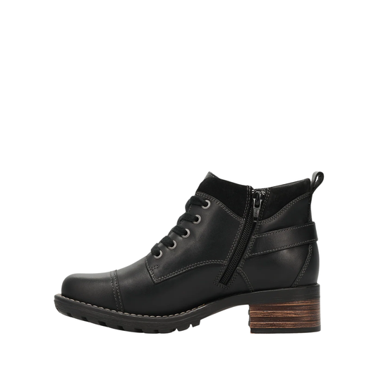 A black leather ankle boot with a side zipper, lace-up front, and a stacked wood-look block heel, shown from a side profile on a white background.