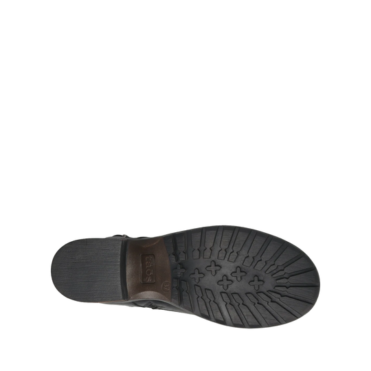 Top-down view of a black shoe sole showing the tread pattern and heel area on a plain white background.