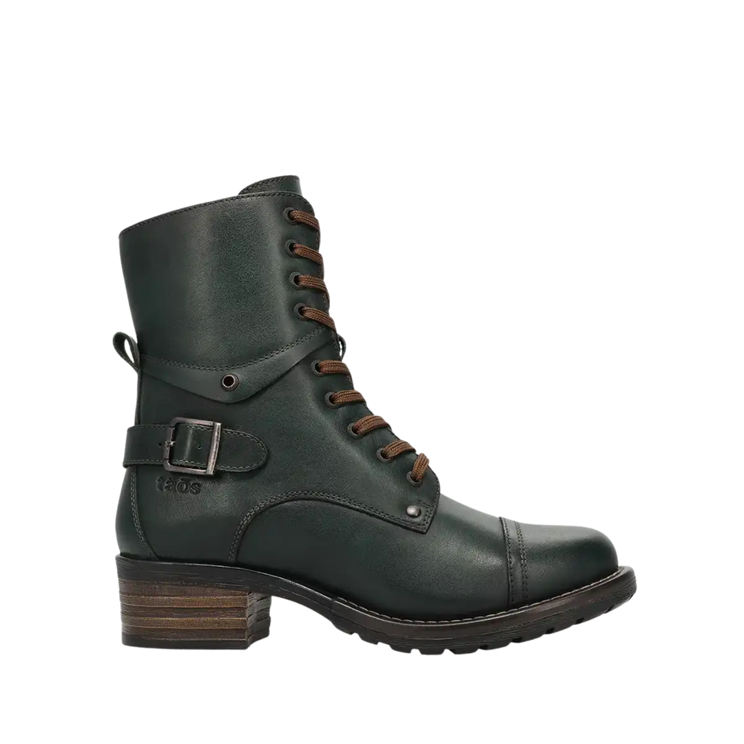 A dark green leather lace-up ankle boot with a brown stacked block heel, brown laces, and a side buckle strap, shown from a side profile on a white background.