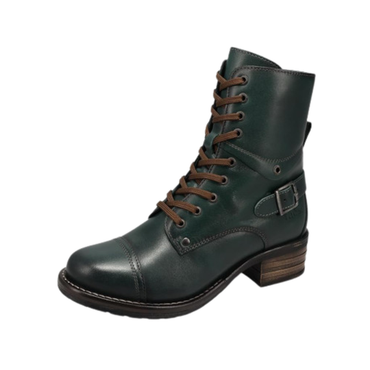 A dark green leather lace-up ankle boot with a brown stacked heel and a side buckle detail, shown against a plain white background.