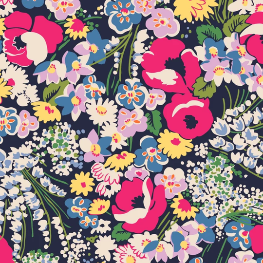 A dense, colorful floral pattern featuring large pink and red flowers, blue blossoms, yellow daisies, white filler flowers, and green leaves on a dark navy background.