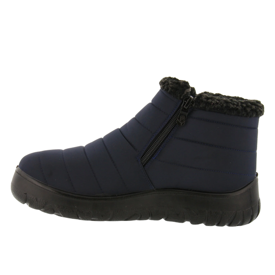 Flexus Women's Melba Winter Boots - Navy on a plain white background. Showing a black zipper.