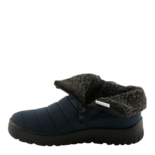 Flexus Women's Melba Winter Boots - Navy on a plain white background. Fully opened zipper showing fleece lining. 