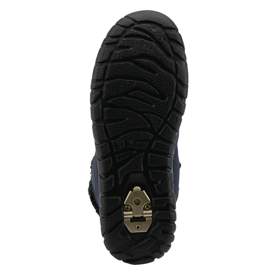 Flexus Women's Melba Winter Boots - Navy on a plain white background. Bottom black sole with ice cleat mechanism. 
