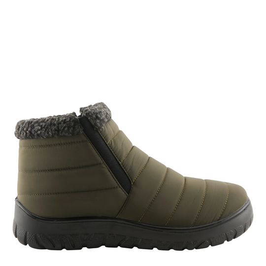 An olive green quilted winter boot with a gray faux-fur collar and a thick black sole, shown from a side profile on a white background.