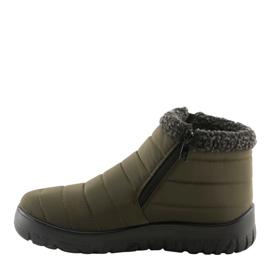 An olive green quilted winter boot with a gray faux-fur collar and a black side zipper, shown from a side profile on a white background.